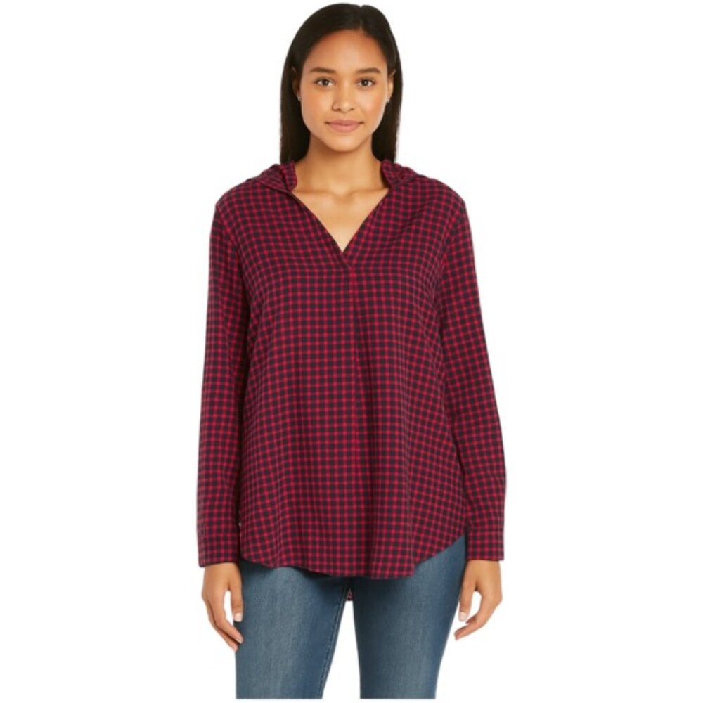 The Korner Small Red Blue Checkered Plaid Long Sleeve Hooded Top NEW WITH TAGS